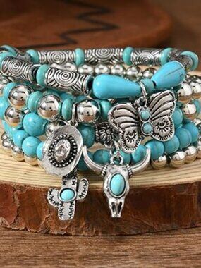 5 Turquoise Western Bracelets Vintage Stackable Beaded Country Concerts
